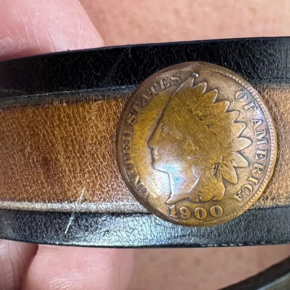 Southwick Leathers Vintage Indian Head Penny Coin Hand Tooled Leather Belt Sz 26